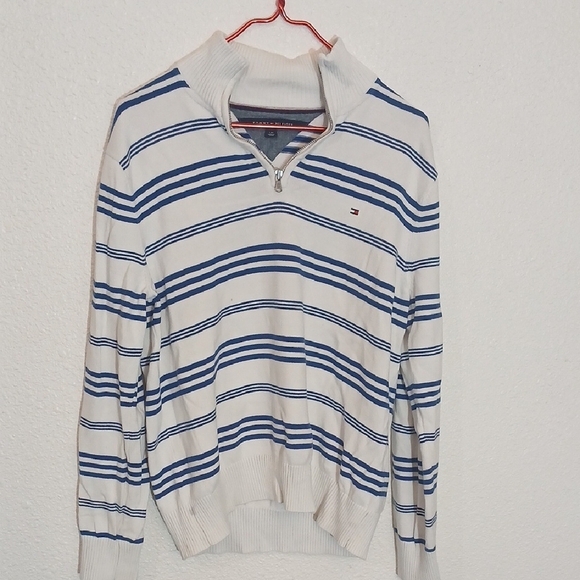 Make Offer Tommy Hilfiger Zip Up White and Blue Striped Sweater - Picture 1 of 4